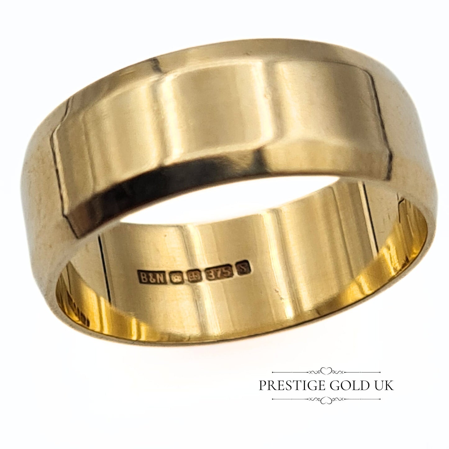 Flat Gold Wedding Ring 9ct - 1990's Plain Gold Band - Engagement Ring - 7 mm Wide Hallmarked Size UK O - US 7 1/4 - Euro 55