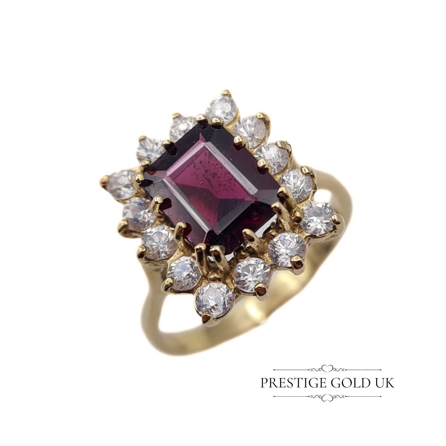 Vintage 9ct Gold Garnet & CZ Statement Ring - UK O 1/2, US 7 1/2, Euro 55.5