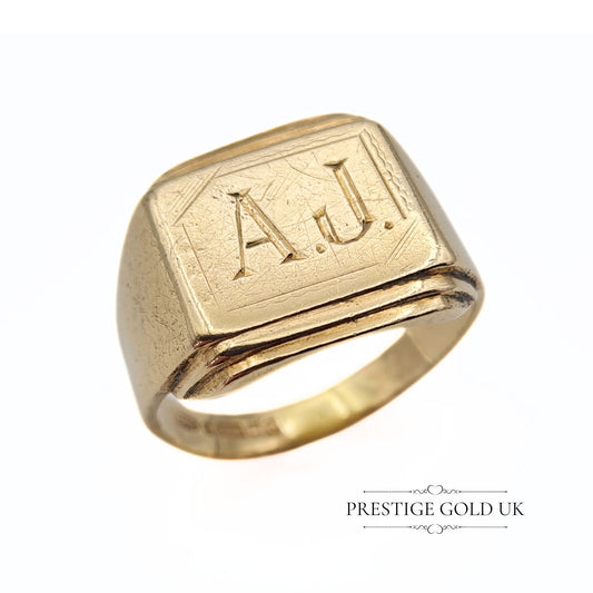 Vintage Large Gold Signet Ring 9ct Engraved "AJ " - Size UK U, US 10, Euro 62