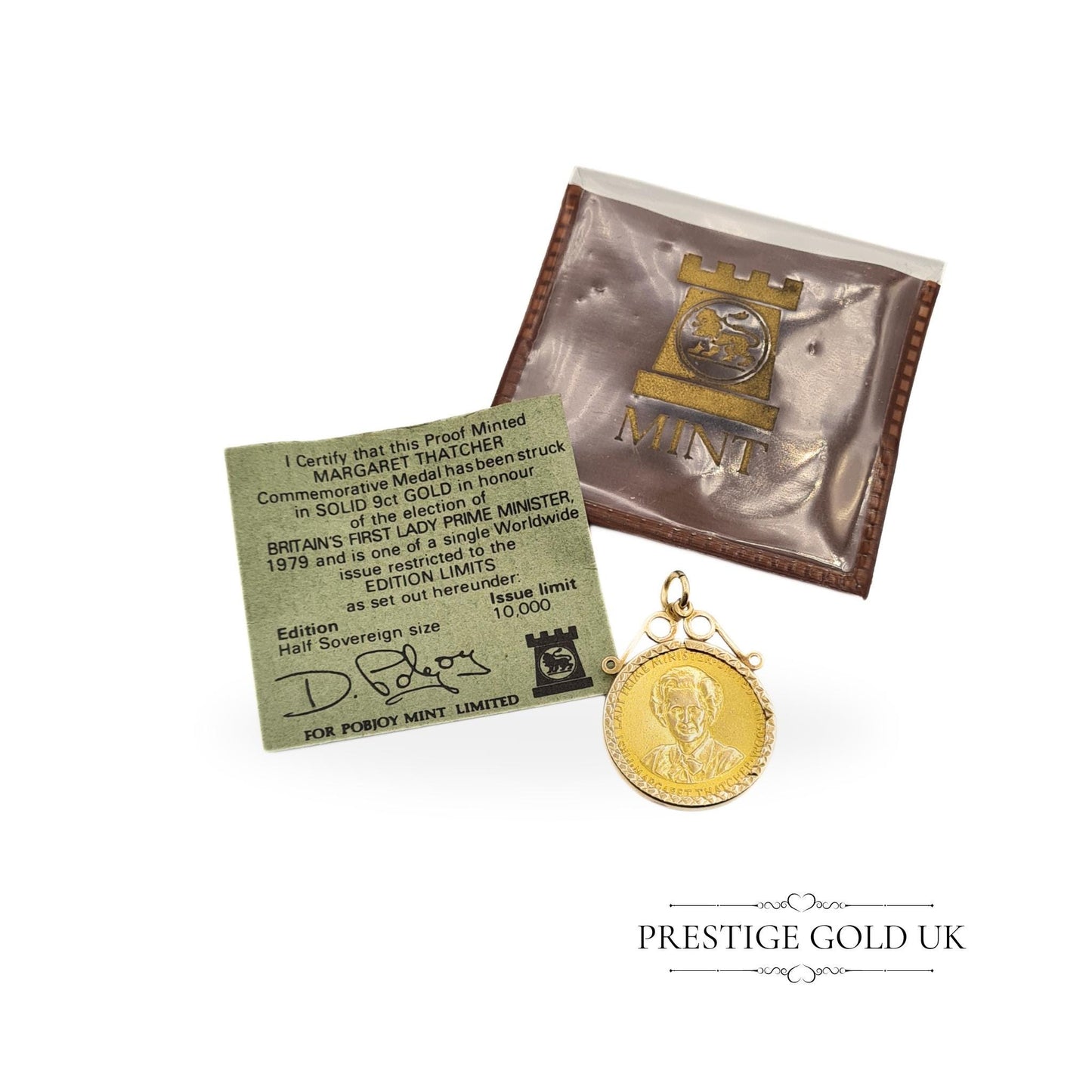 1979 Margaret Thatcher 9ct gold commemorative coin by Pobjoy Mint, Surrey, England. Weighs 3.9 grams, same size as a half sovereign, limited edition of 10,000. A unique collectible for history and coin enthusiasts.