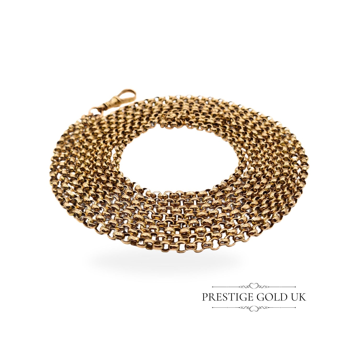 : Antique 9ct gold muff guard chain, 66 inches long with 3mm wide links, stamped 9ct on clip and chain. Weighs 26 grams, fully tested for authenticity, perfect for layering or as a statement piece.