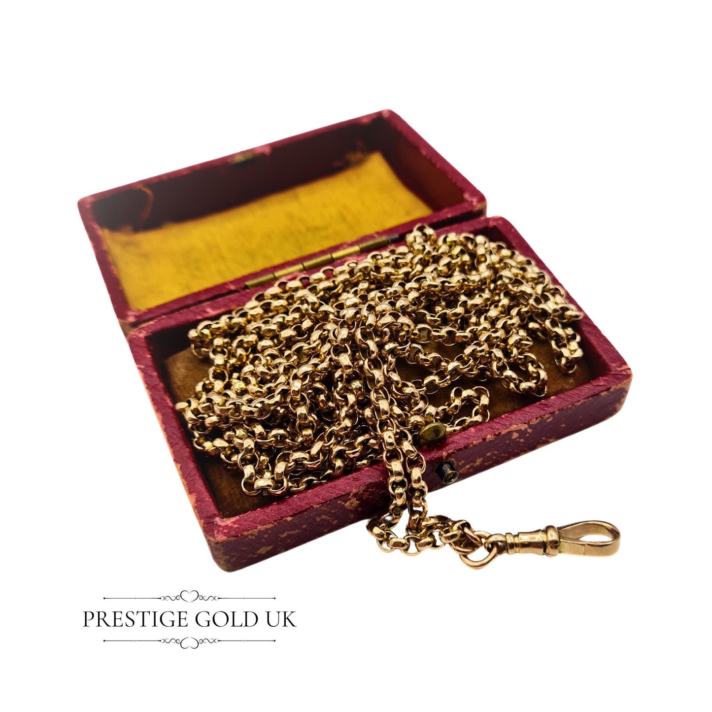 : Antique 9ct gold muff guard chain, 66 inches long with 3mm wide links, stamped 9ct on clip and chain. Weighs 26 grams, fully tested for authenticity, perfect for layering or as a statement piece.