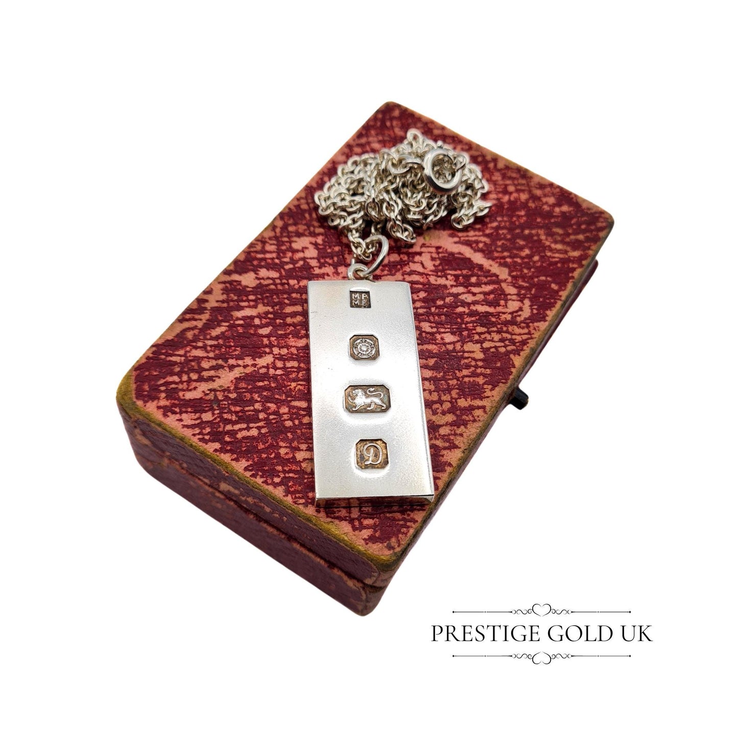 Vintage solid 925 sterling silver ingot pendant with a full Chester hallmark dated 1979, measuring 37mm tall and 15mm wide, on a 20-inch chain. A substantial 21.5g piece, perfect for vintage jewellery collectors or as a unique gift.