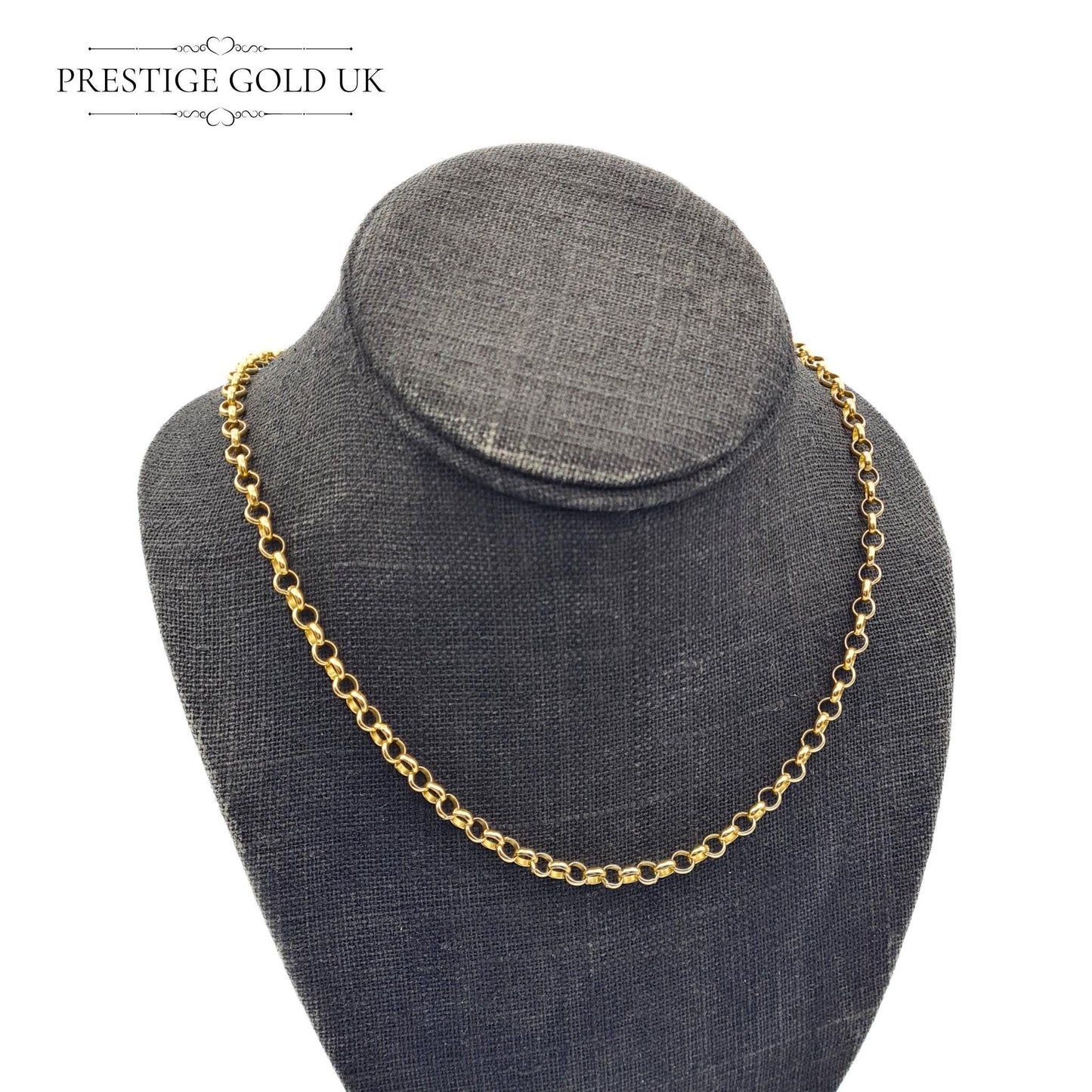 Solid 9ct gold vintage rolo chain necklace, 18 inches (45cm) long, polished finish with robust belcher links and a secure clasp.