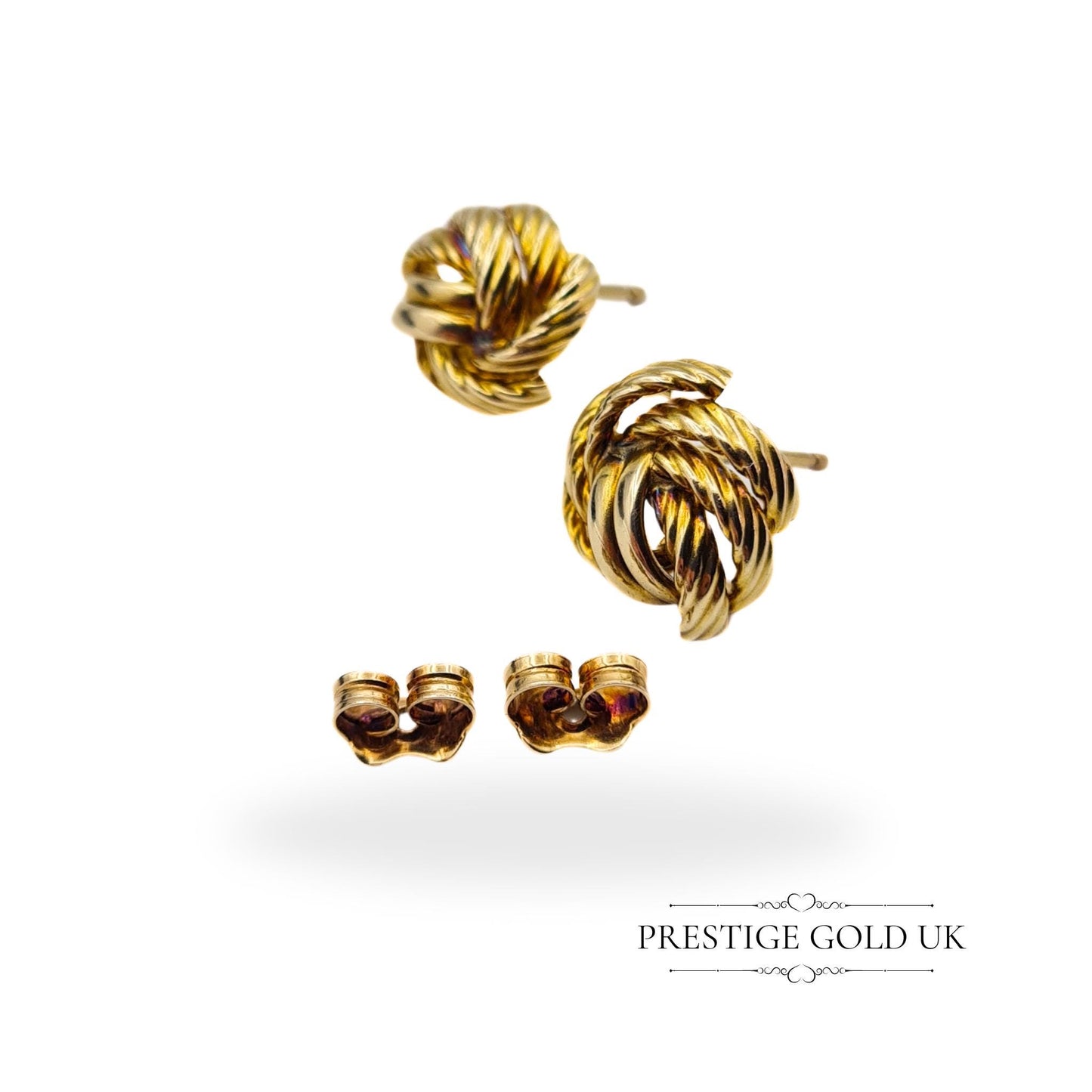 Twisted knot stud earrings in 9ct gold with butterfly backs, photographed against a neutral background.