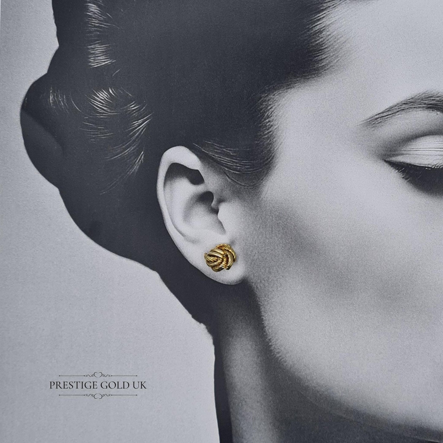 Close-up of vintage 9ct gold twisted knot stud earrings, showcasing their intricate design and polished finish.