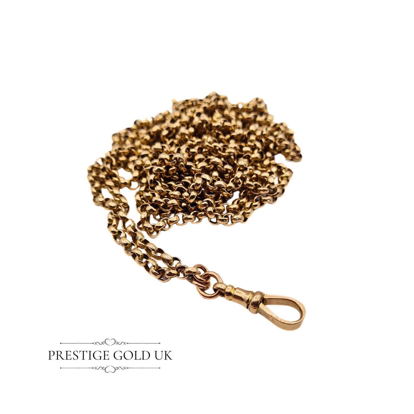: Antique 9ct gold muff guard chain, 66 inches long with 3mm wide links, stamped 9ct on clip and chain. Weighs 26 grams, fully tested for authenticity, perfect for layering or as a statement piece.