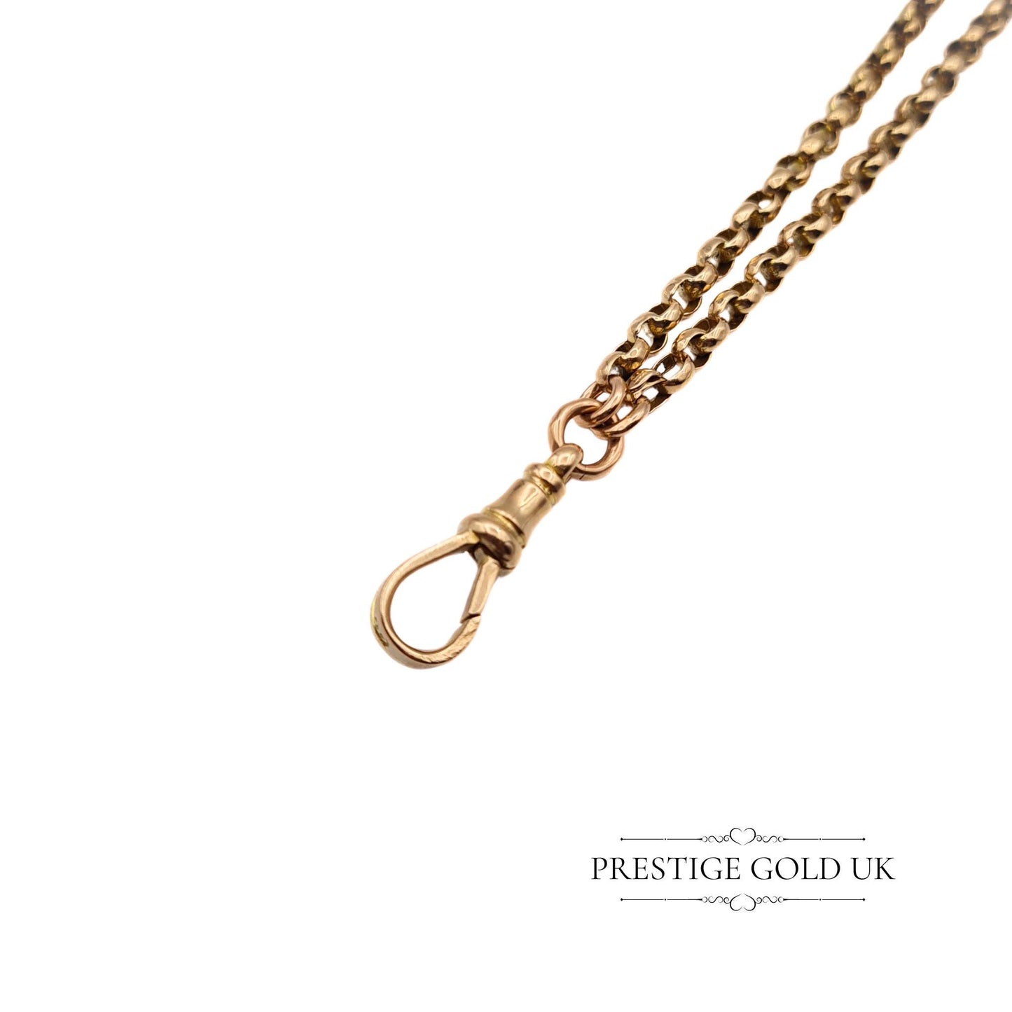 : Antique 9ct gold muff guard chain, 66 inches long with 3mm wide links, stamped 9ct on clip and chain. Weighs 26 grams, fully tested for authenticity, perfect for layering or as a statement piece.