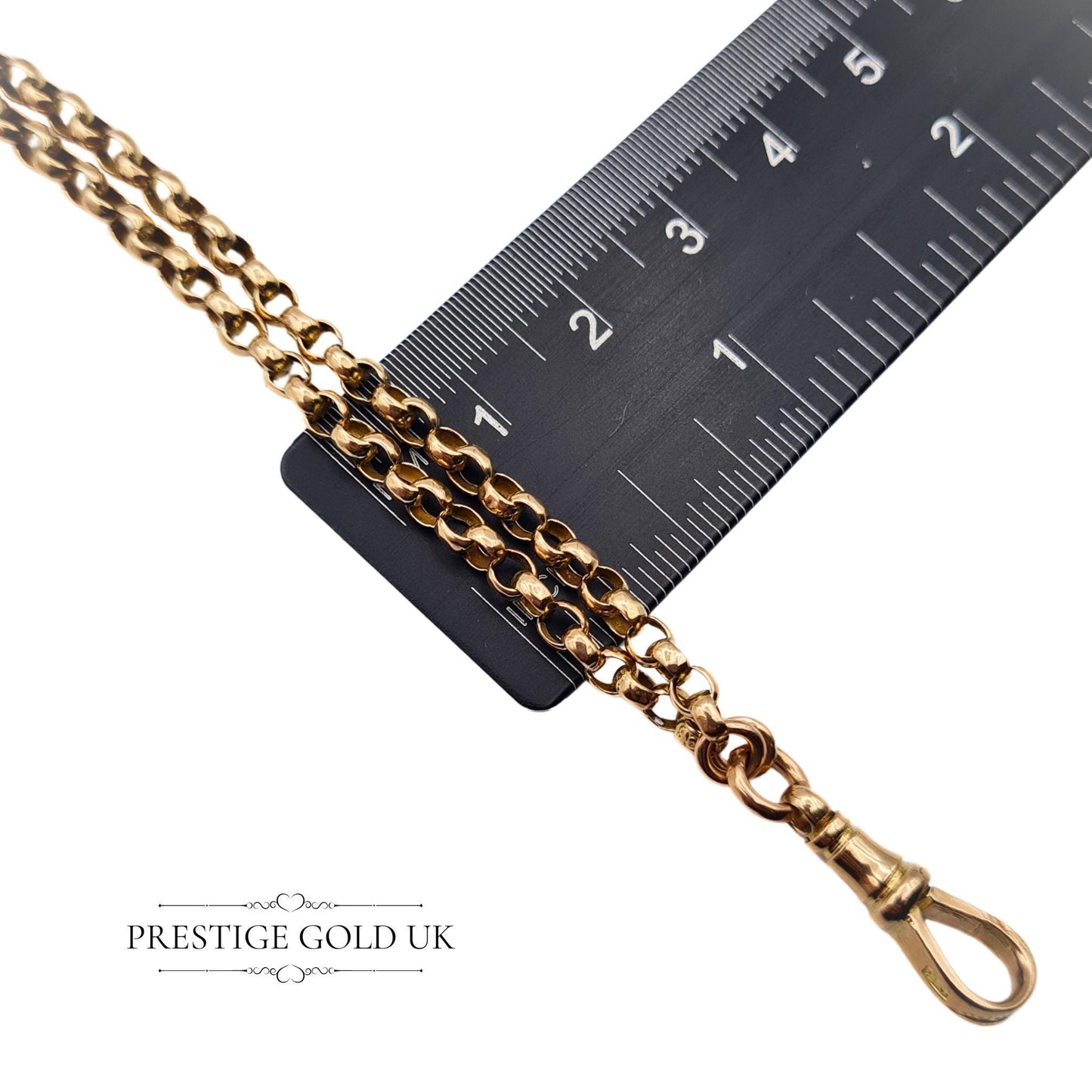 : Antique 9ct gold muff guard chain, 66 inches long with 3mm wide links, stamped 9ct on clip and chain. Weighs 26 grams, fully tested for authenticity, perfect for layering or as a statement piece.