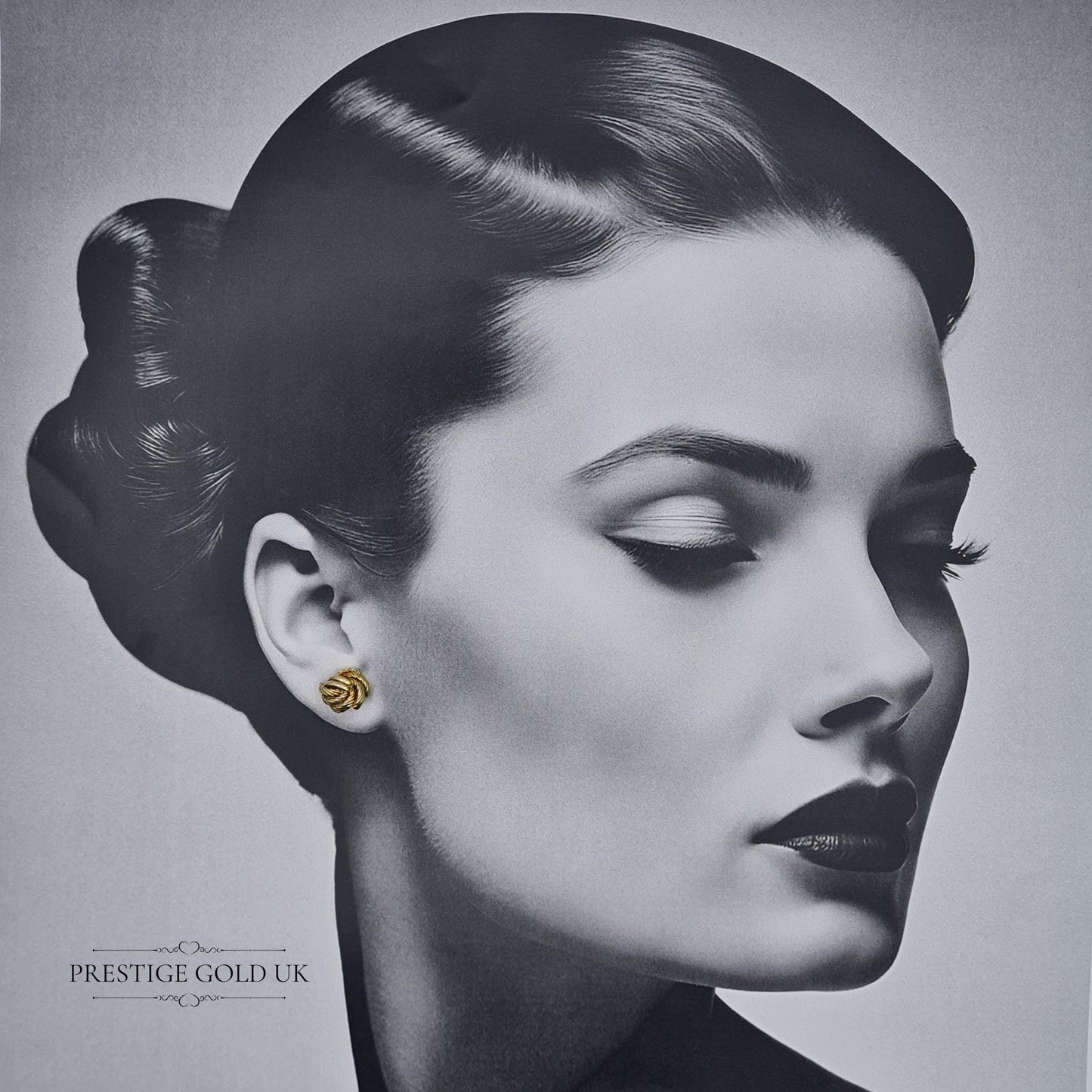 Stylish 9ct gold twisted knot earrings shown on a model, illustrating their bold yet elegant appearance.