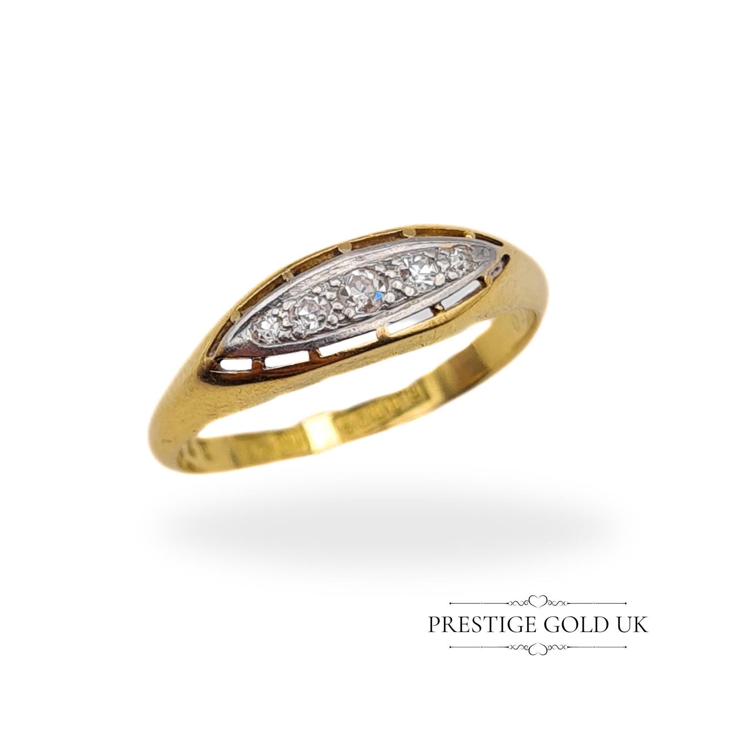 Antique 18ct Gold & Diamond Boat Ring - Size UK O, US 7 1/4, Euro 55