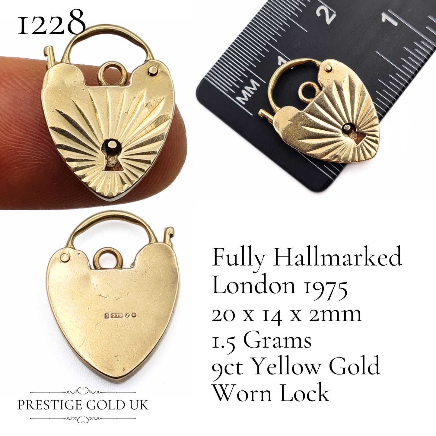 Vintage Small Gold Heart Padlock Pendants 9ct - Multiple Sizes
