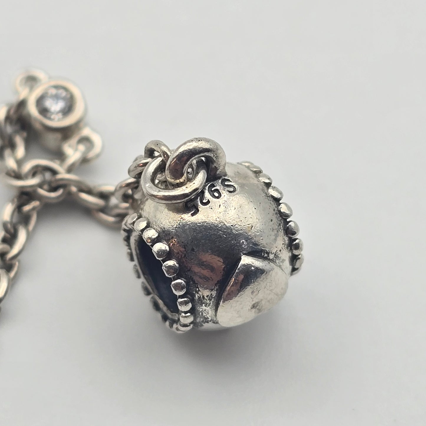 Pandora Silver Safety Chain With CZ, ALE 925, Embossed Heart Design