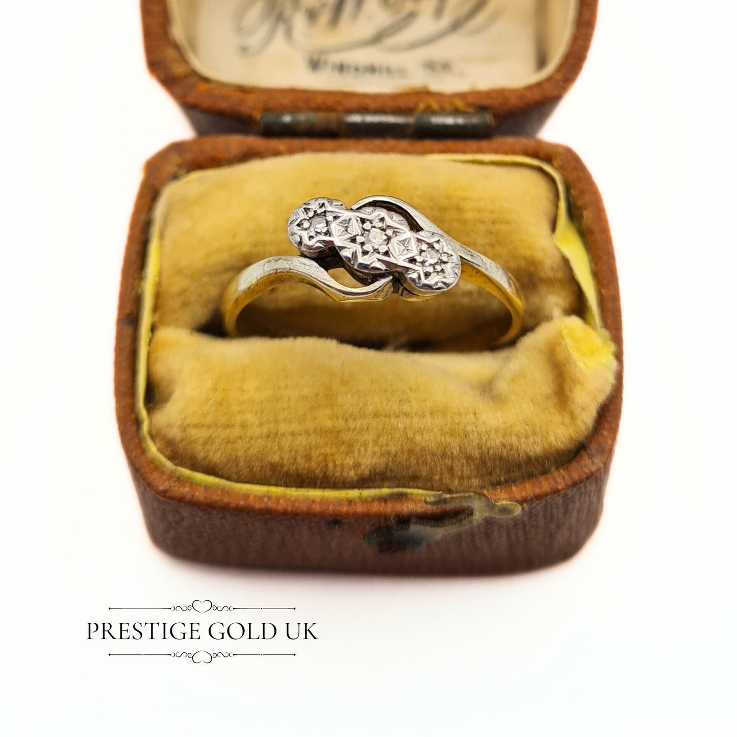 9ct Yellow Gold & Platinum Diamond Crossover Ring - UK N, US 6 3/4, Euro 54