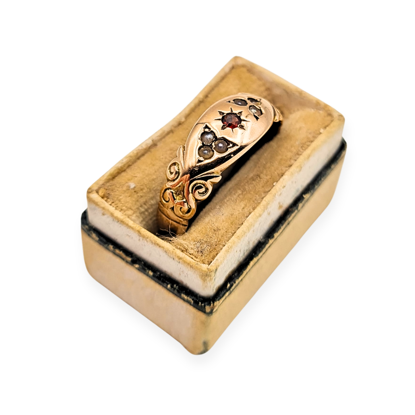 Antique 9ct Rose Gold Garnet & Pearl Ring, UK P 1/2, Birmingham 1847