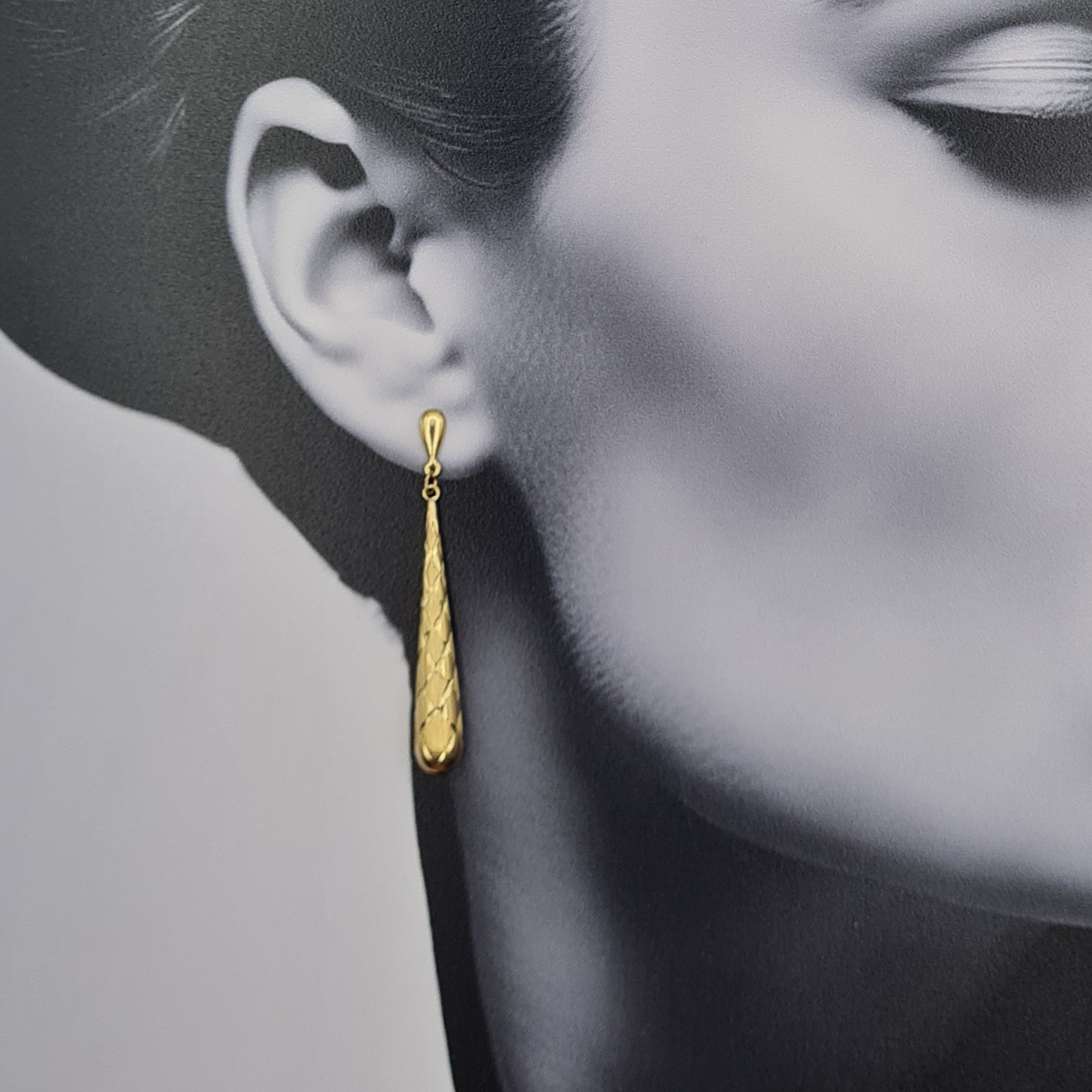 9ct Gold Long Drop Earrings,  Diamond Cut Textured Dangle Earrings