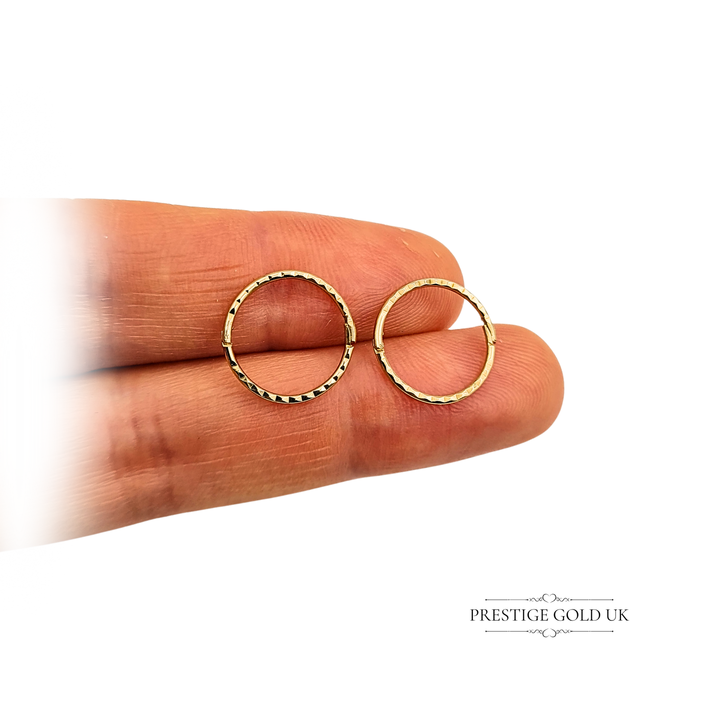 9ct Gold Small Hinged Hoop Earrings, 10mm Diameter Chevron Pattern Lightweight Tiny Gold Hoops