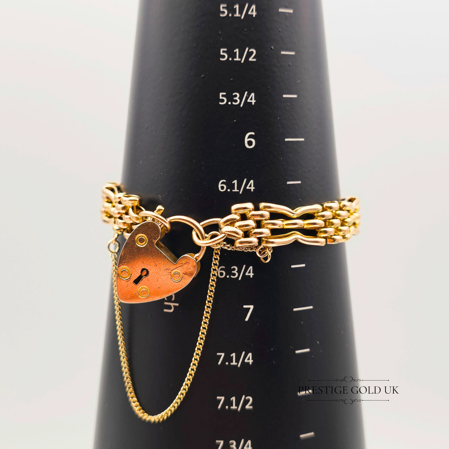 9ct Rose Gold Gate Bracelet - 3 Bar Fancy Link Gate Bracelet - Heart Padlock