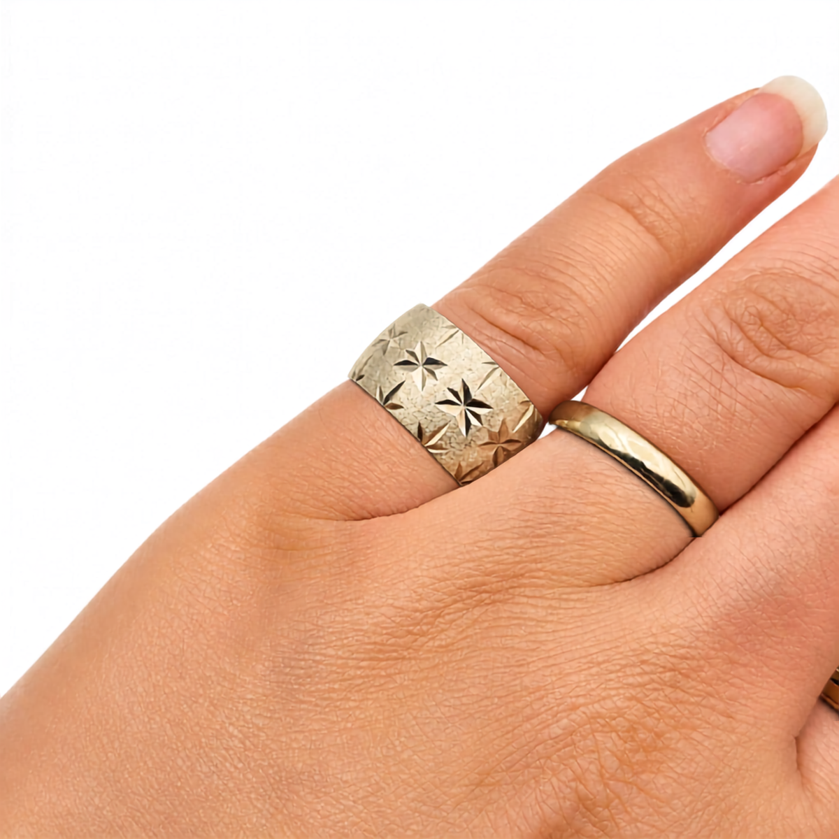 Sterling Silver Cigar Band Ring Star Engraved 10mm Wide UK J 1/2, US 5 1/4