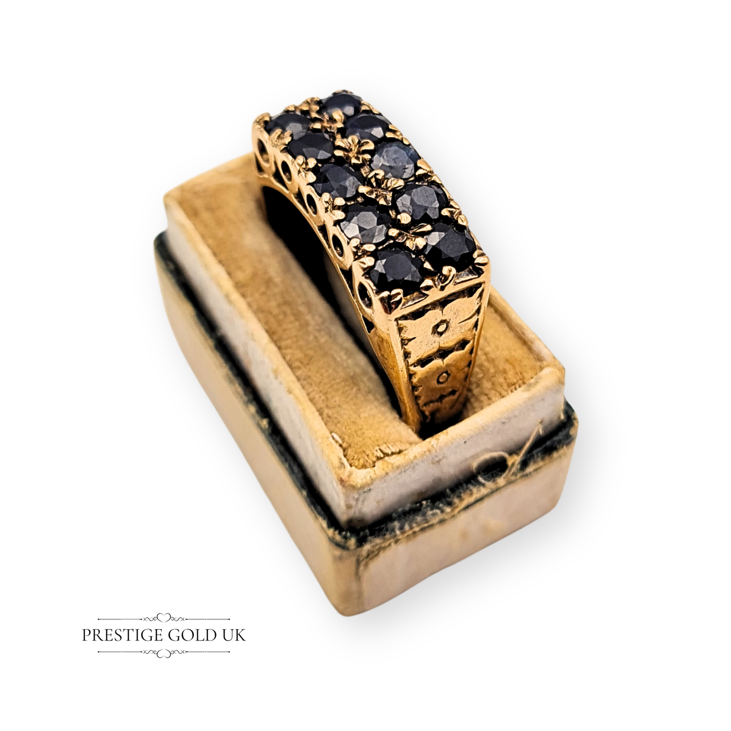 9ct Gold Twin Row Sapphire Ring, Floral-claw Setting Band UK T, US 9 3/4