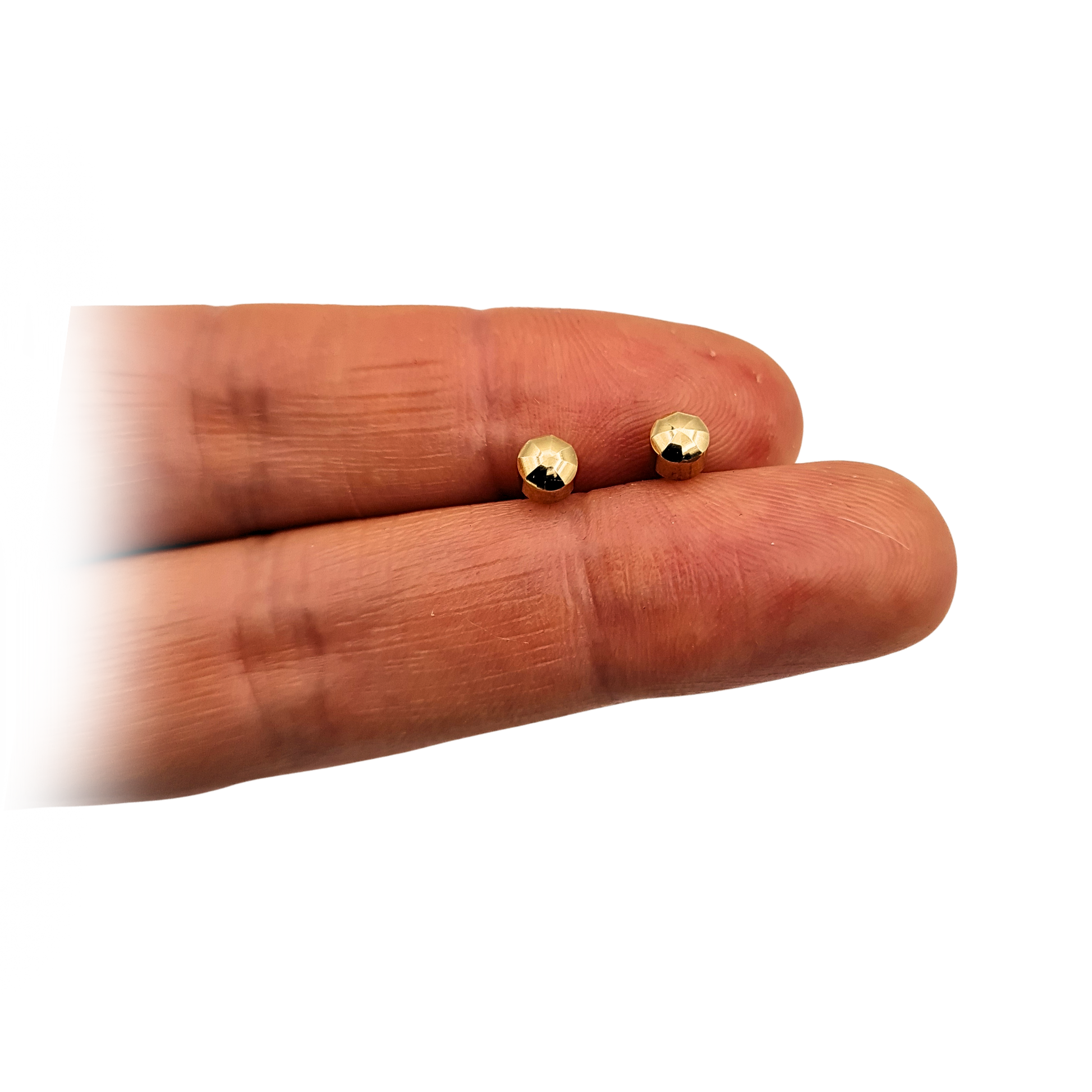 Pair of 9ct yellow gold faceted dome stud earrings with 4mm round ends and 16-gauge posts, fully British hallmarked, weighing 1.34g, solid gold minimalist earrings with butterfly backs for secure everyday wear.