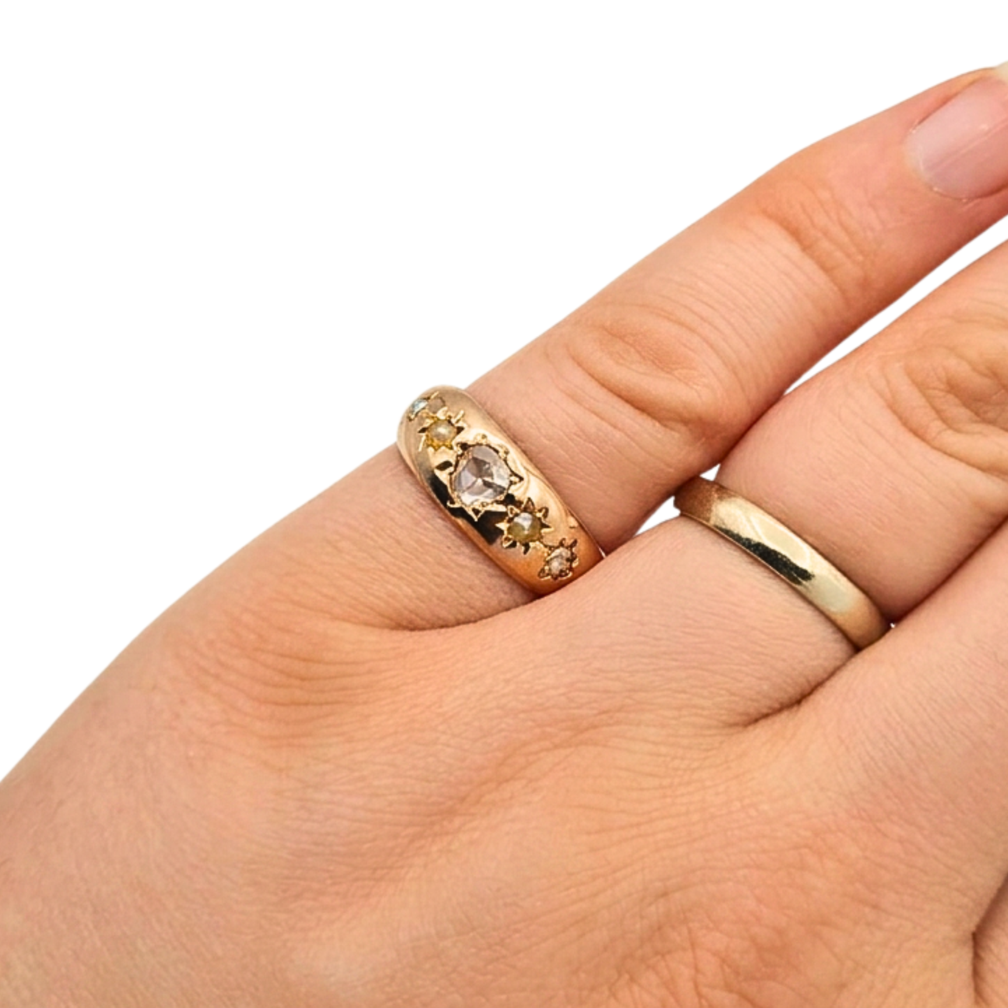 Antique 15ct Rose Gold Ring Heart Cut Diamond Pearl Birmingham 1891 UK J½