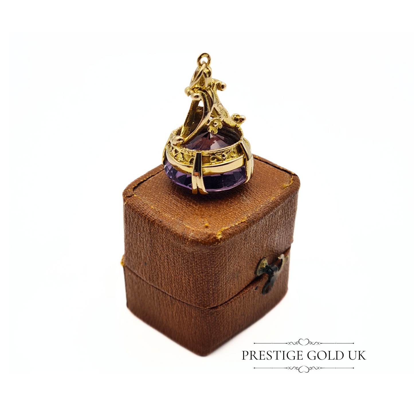 Gold Amethyst Fob 9ct - Ornate Round Amethyst Fob - Purple Amethyst Pendant