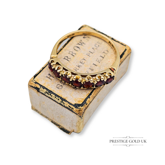 9ct Gold Garnet Half Eternity Ring, Set with Seven Stones Size  UK P - US 7 1/2