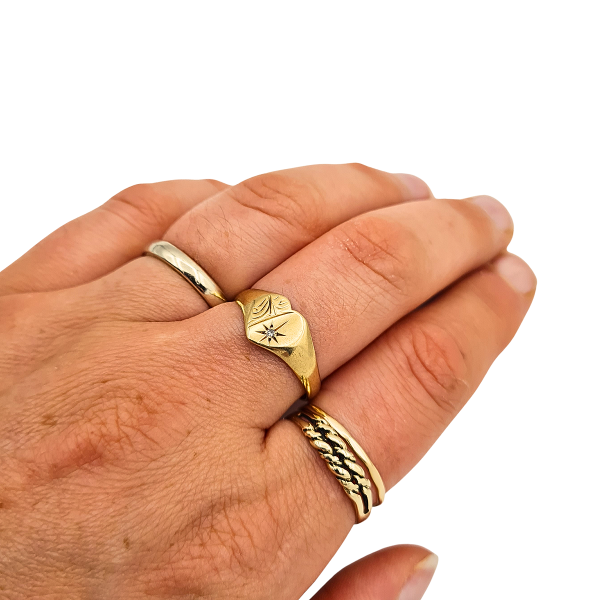 9ct Gold Diamond Heart Signet Ring Engraved UK P 1/2 US 8 Birmingham 1994