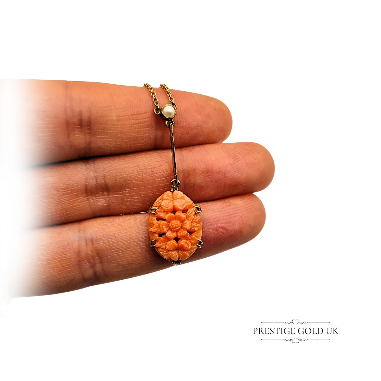 16" Long Antique 9ct Gold  Pink Coral & Pearl Pendant on Delicate Necklace