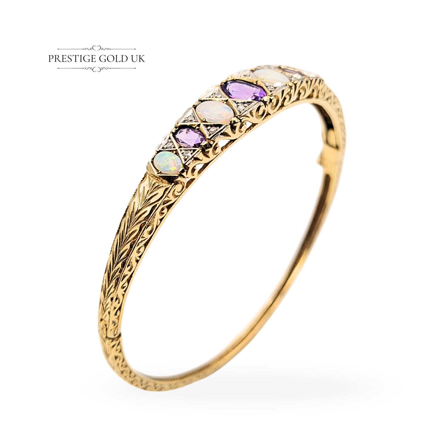9ct Gold Amethyst Opal Diamond Bangle, 6 1/2" (16cm) 12.73g