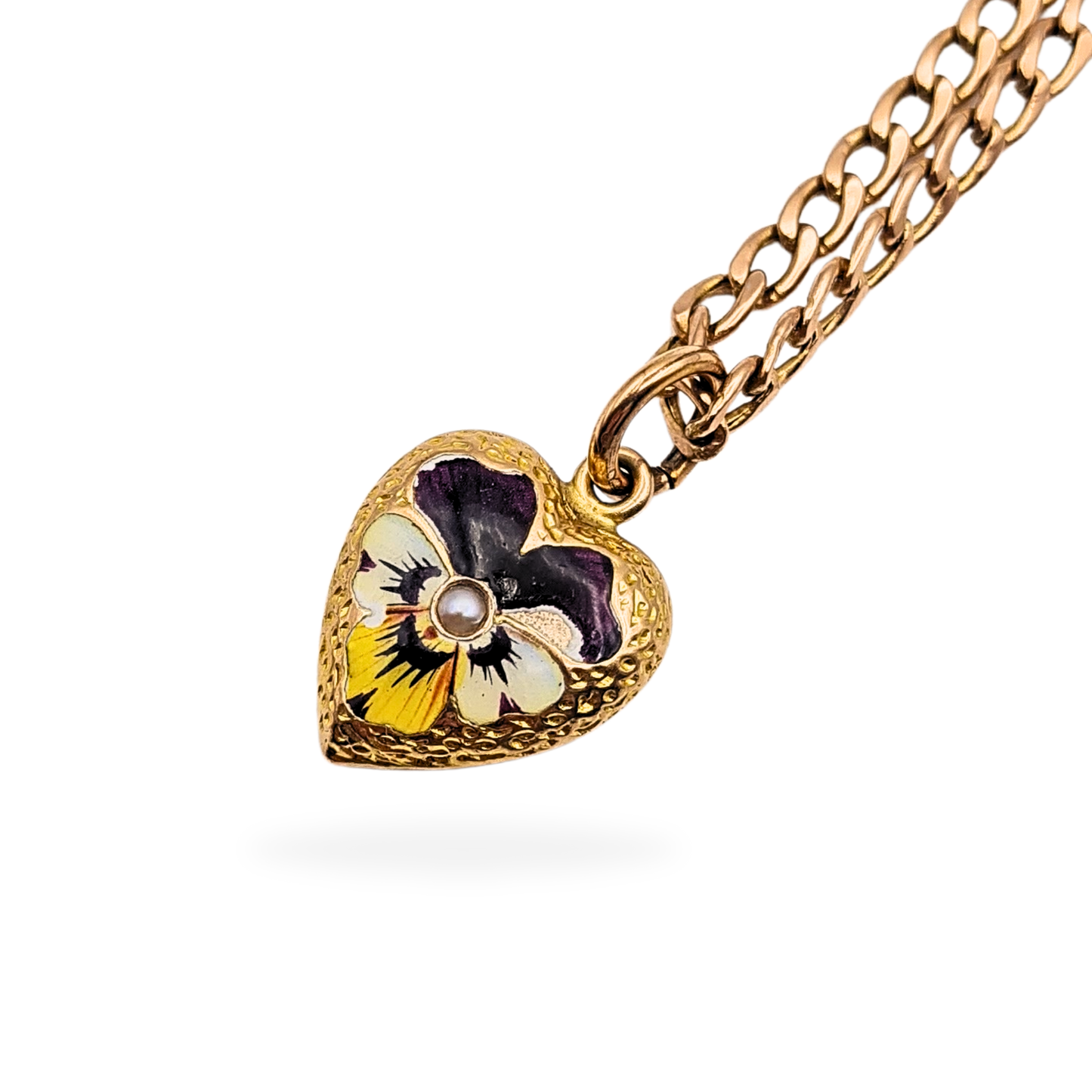 Tiny 9ct Gold Enamel Heart Pendant, Pansy & Pearl Gift
