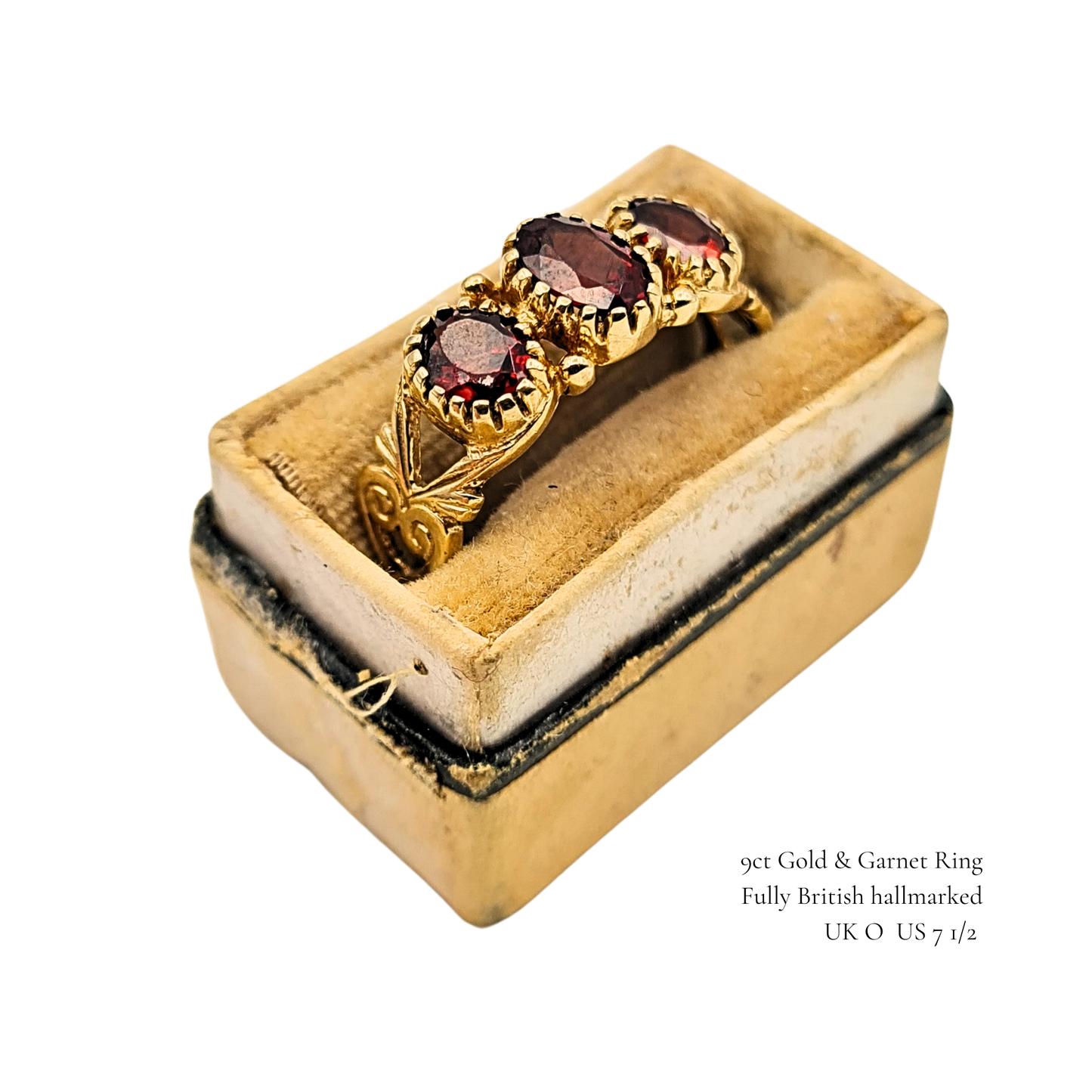 9ct Gold Trilogy Garnet Ring, UK O US 7 1/2, British Hallmark