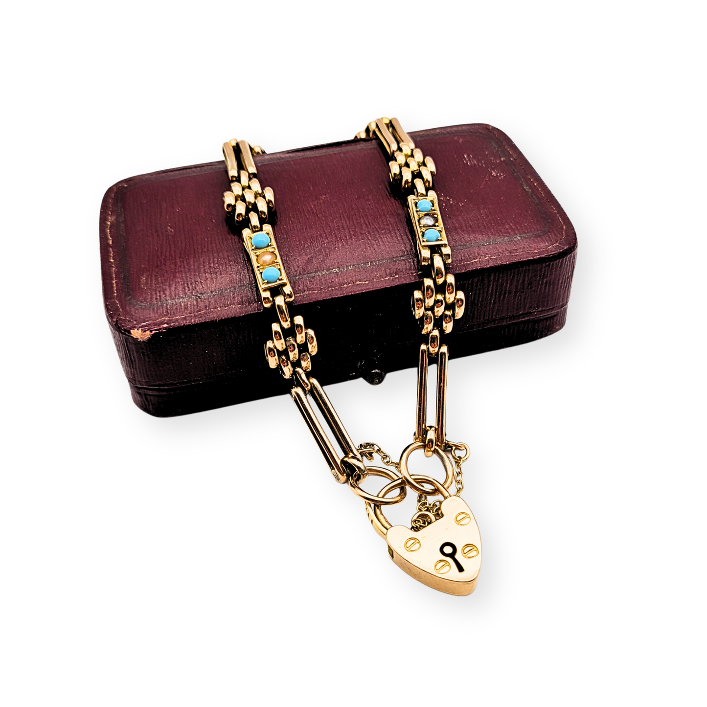 Antique 9ct Rose Gold Turquoise Pearl Gate Bracelet, 1904, 7½ inches long