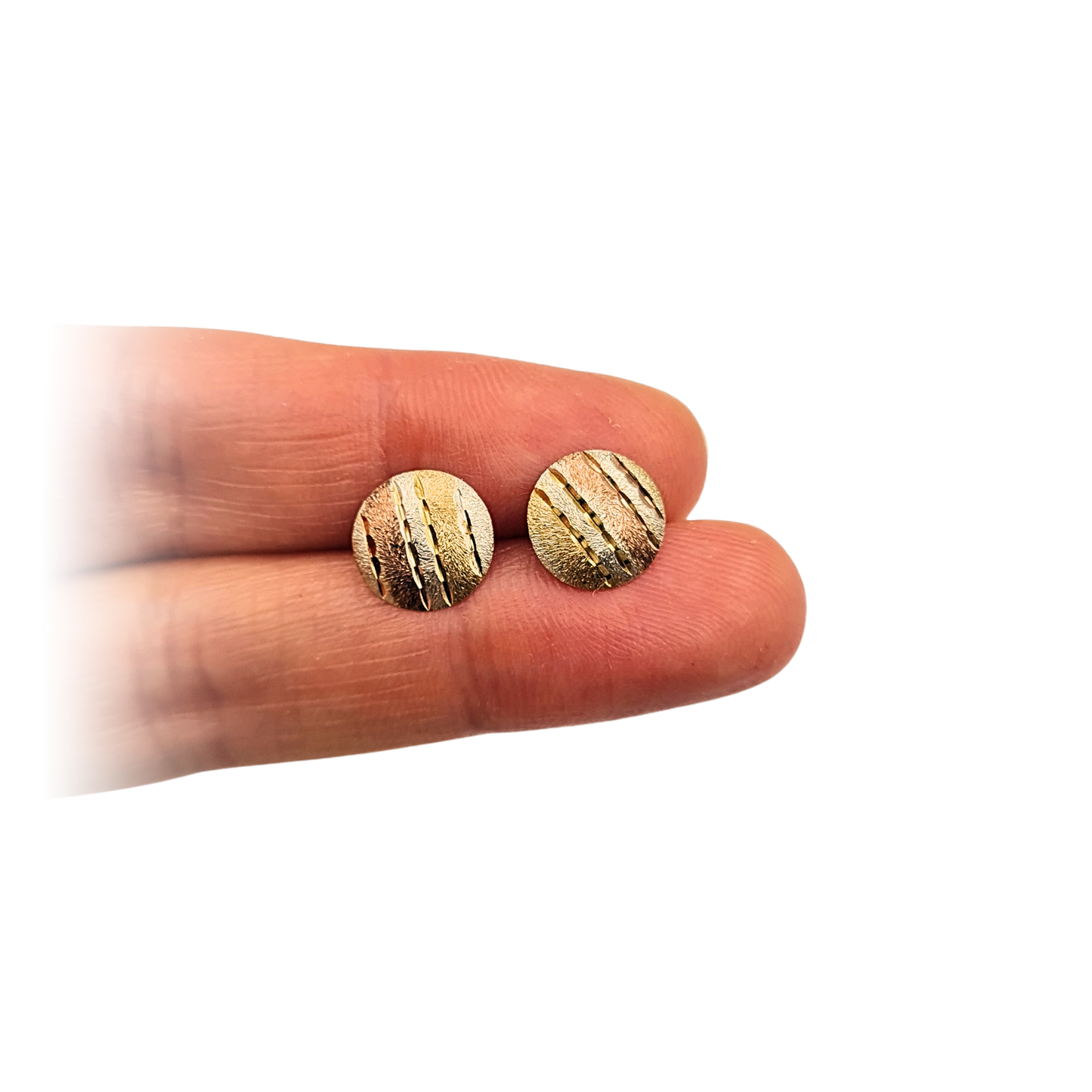 9ct Gold Two Colour Round Stud Earrings, 10mm Engraved Disc Design