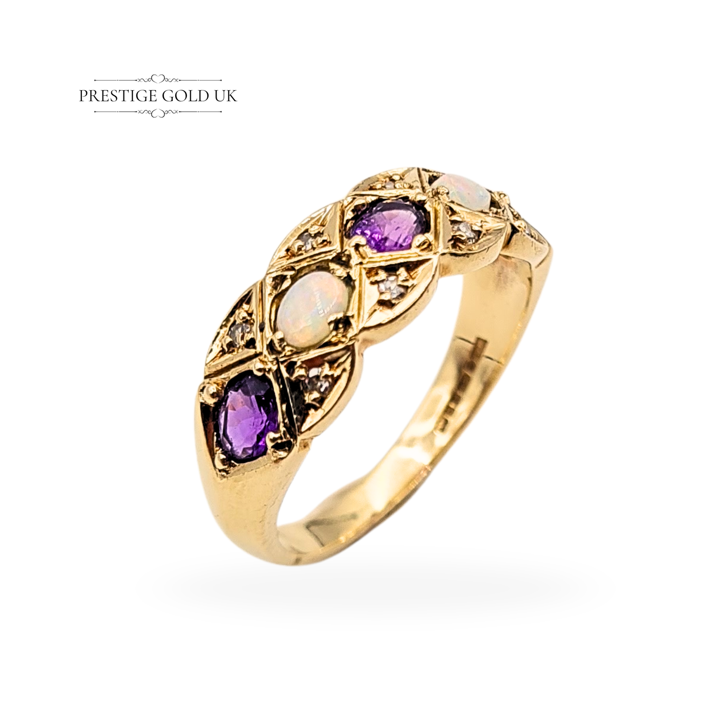 9ct Gold Amethyst Opal Diamond Ring, 1969  UK P / US 7 3/4