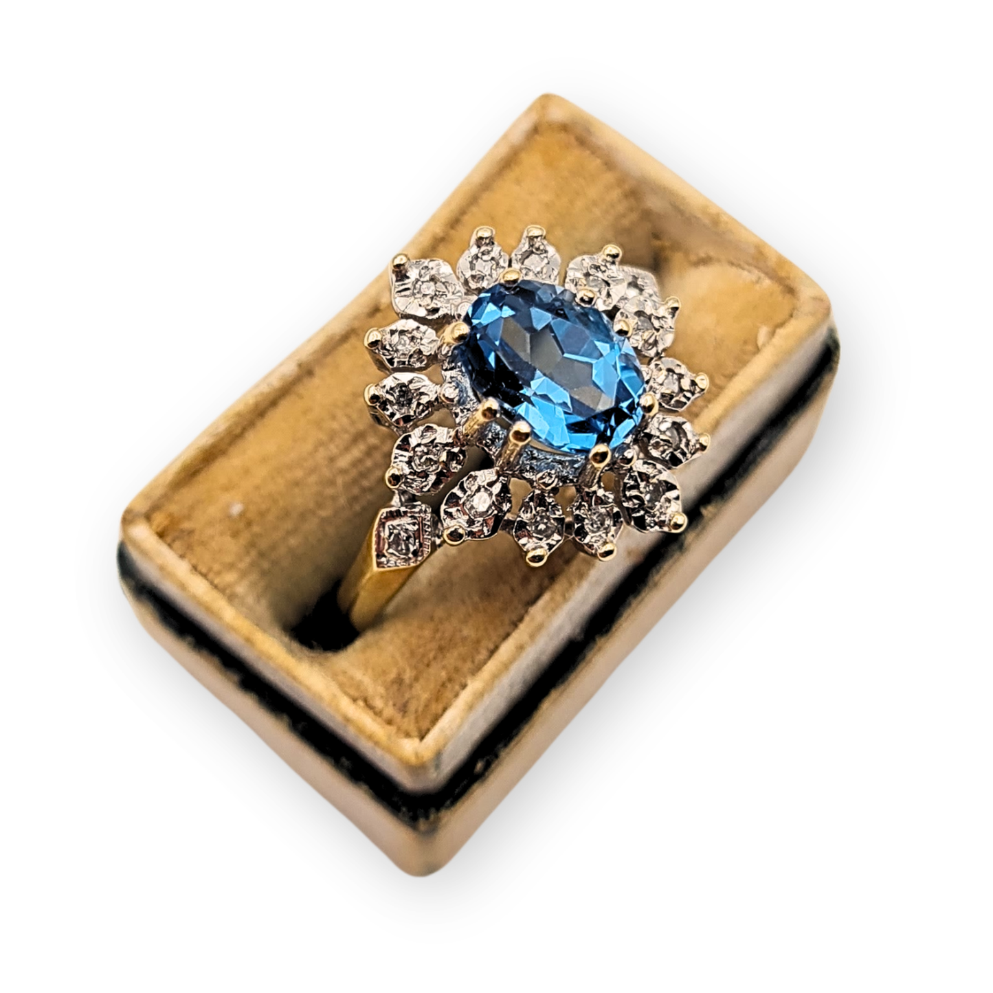 9ct Gold Oval Blue Topaz & Diamond Cocktail Ring - Size UK N, US 6 3/4,