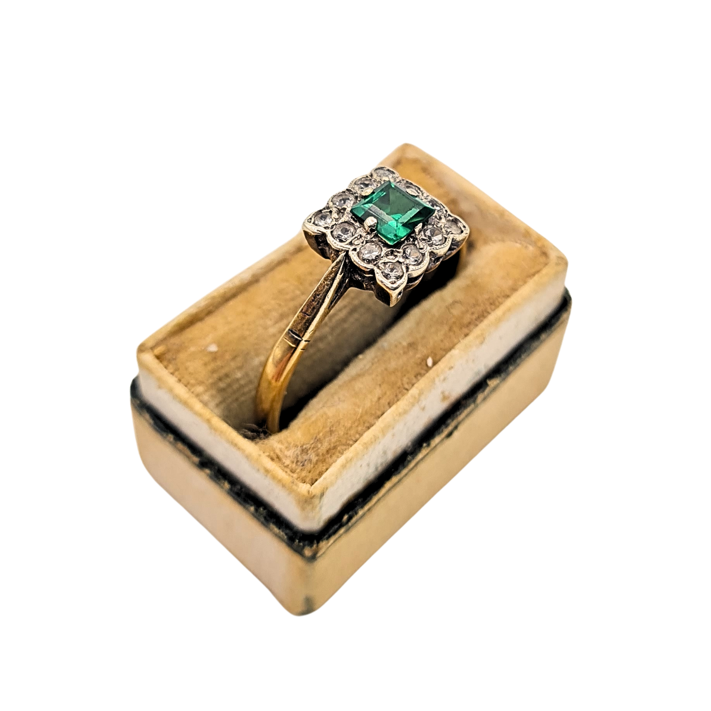 9ct Gold Square Paste Ring, Green And Clear Paste Stones UK R 1/2 US 9
