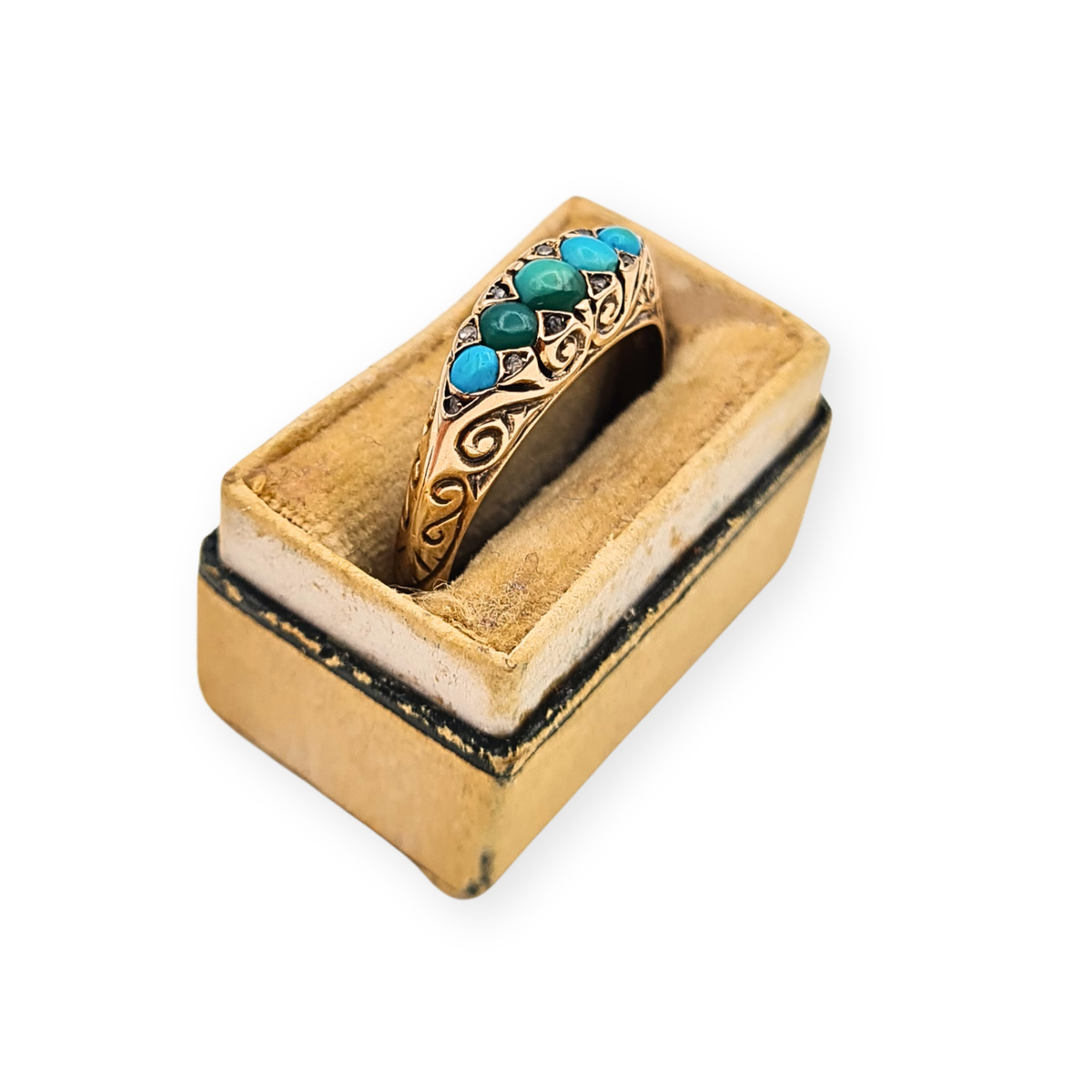 Antique 9ct Gold Turquoise Diamond 5 Stone Ring,  Chester Hallmark 1902 UK P US 7 3/4