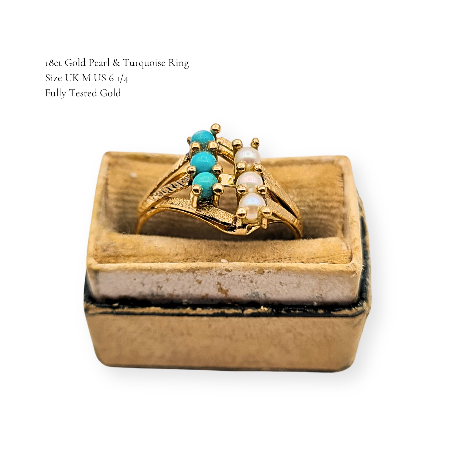 18ct Gold Turquoise 3 Row Ring, Pearl Design, UK M US 6 1/4