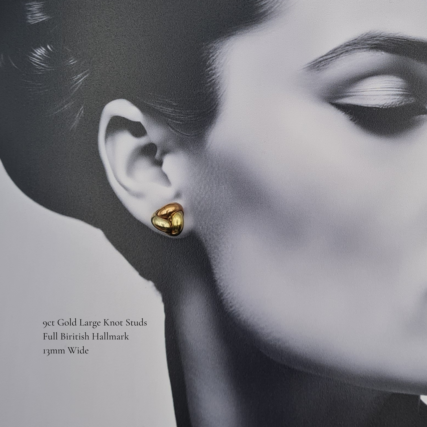 Large 9ct Gold 3 Colour Knot Studs, 13mm, Solid, Hallmarked