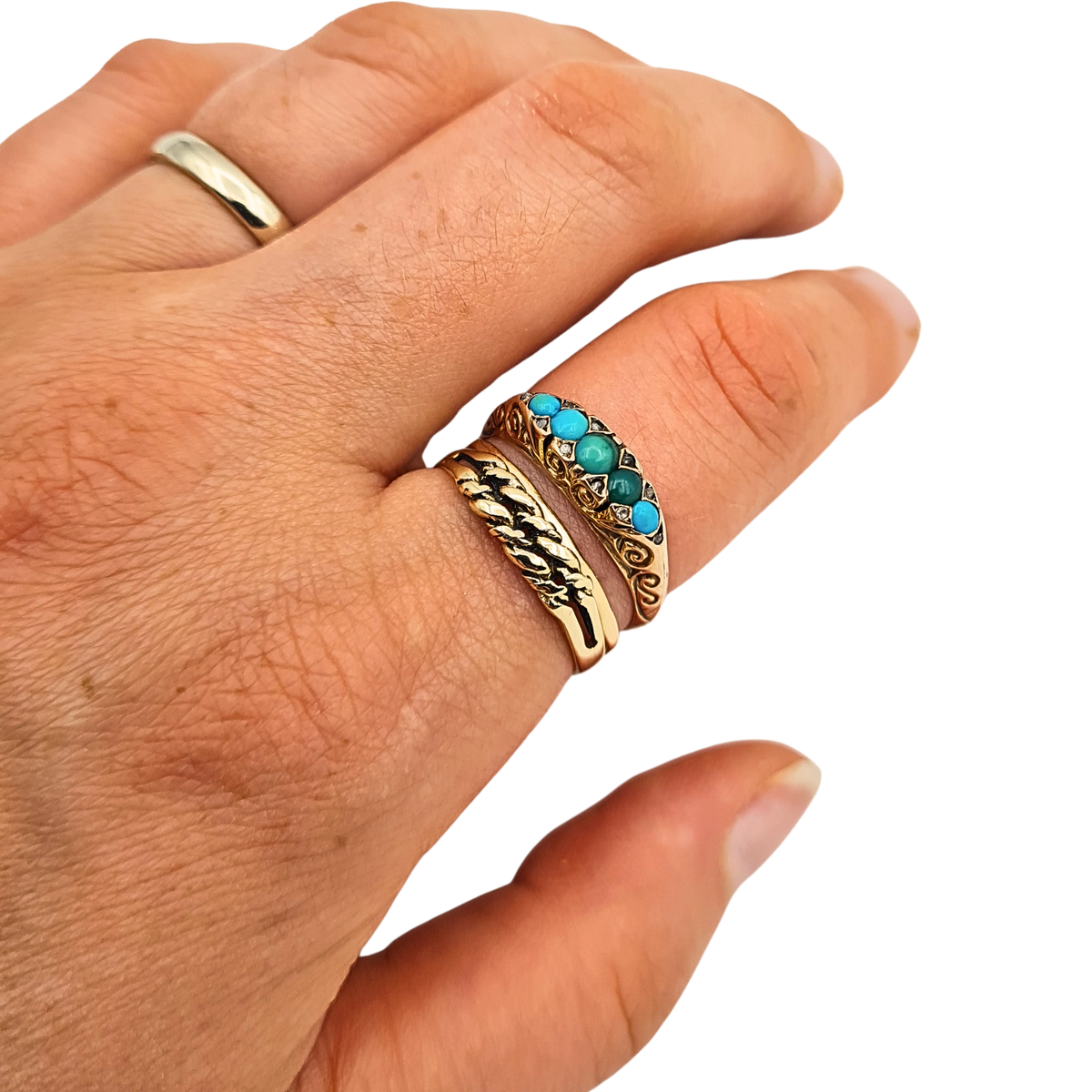 Antique 9ct Gold Turquoise Diamond 5 Stone Ring,  Chester Hallmark 1902 UK P US 7 3/4