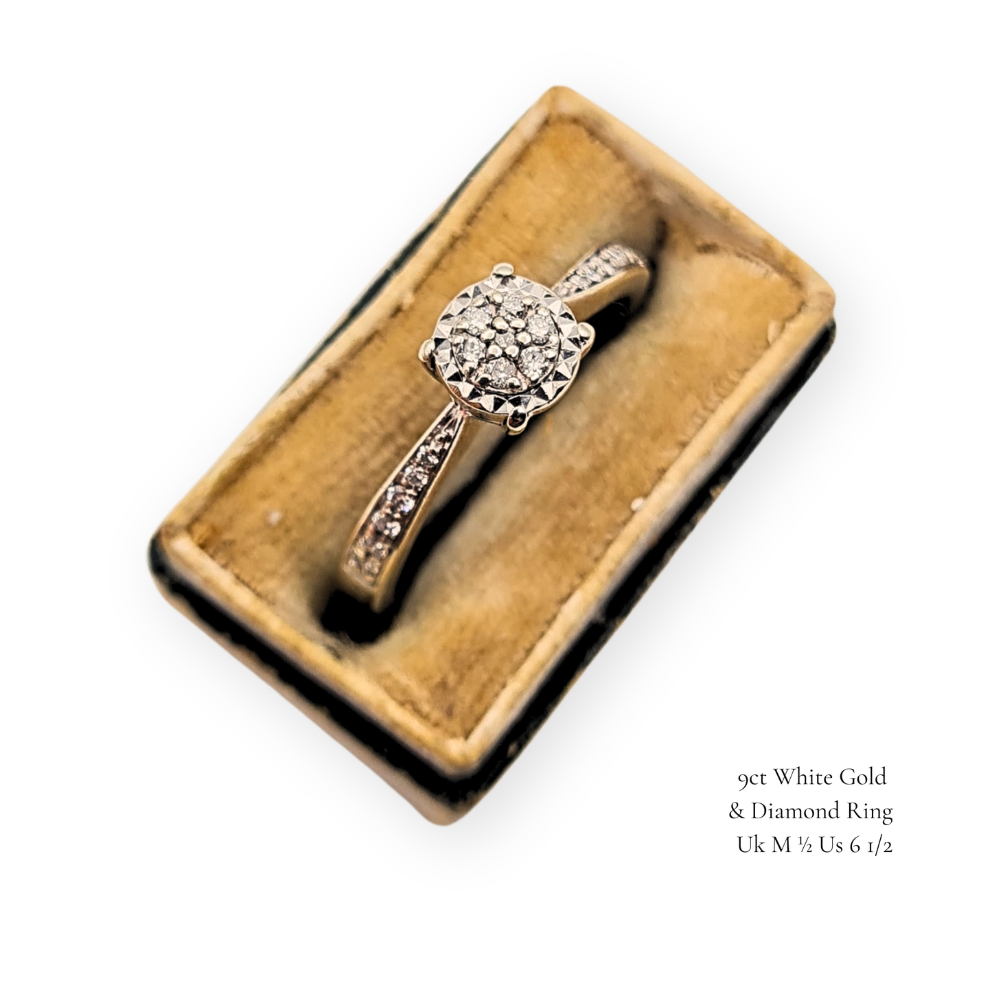 9ct White Gold Engagement Ring, Diamond Pavé Shoulders, UK M 1/2 / US 6.5