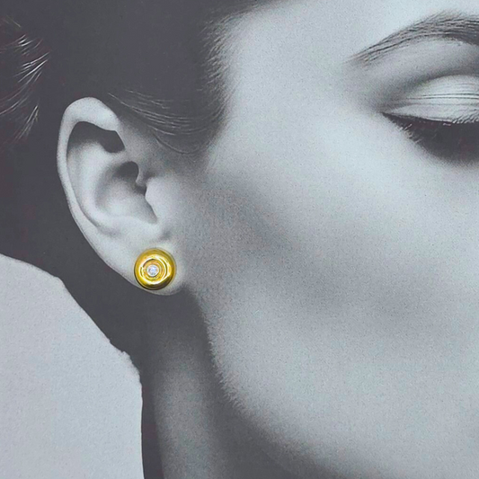 Pair of vintage 18ct yellow gold and diamond stud earrings with domed pebble design, 12mm wide, hallmarked London 1993, set with bezel diamonds and fitted with new 9ct gold butterfly backs for secure and stylish wear.