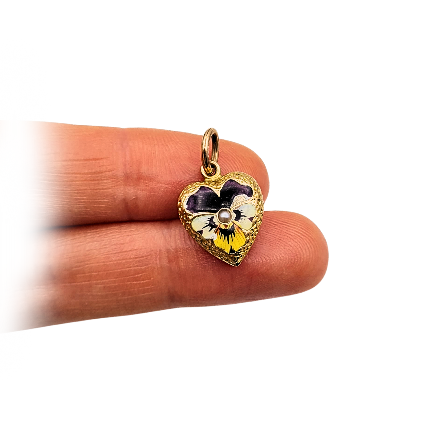 Tiny 9ct Gold Enamel Heart Pendant, Pansy & Pearl Gift