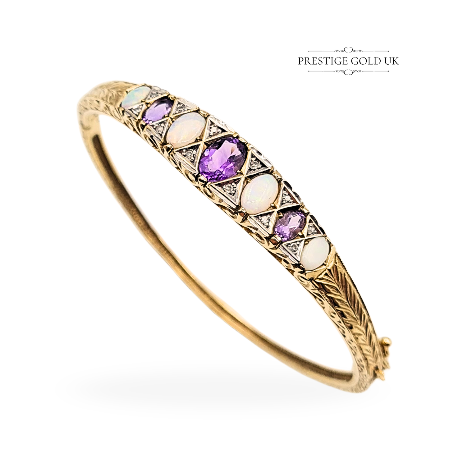 9ct Gold Amethyst Opal Diamond Bangle, 6 1/2" (16cm) 12.73g
