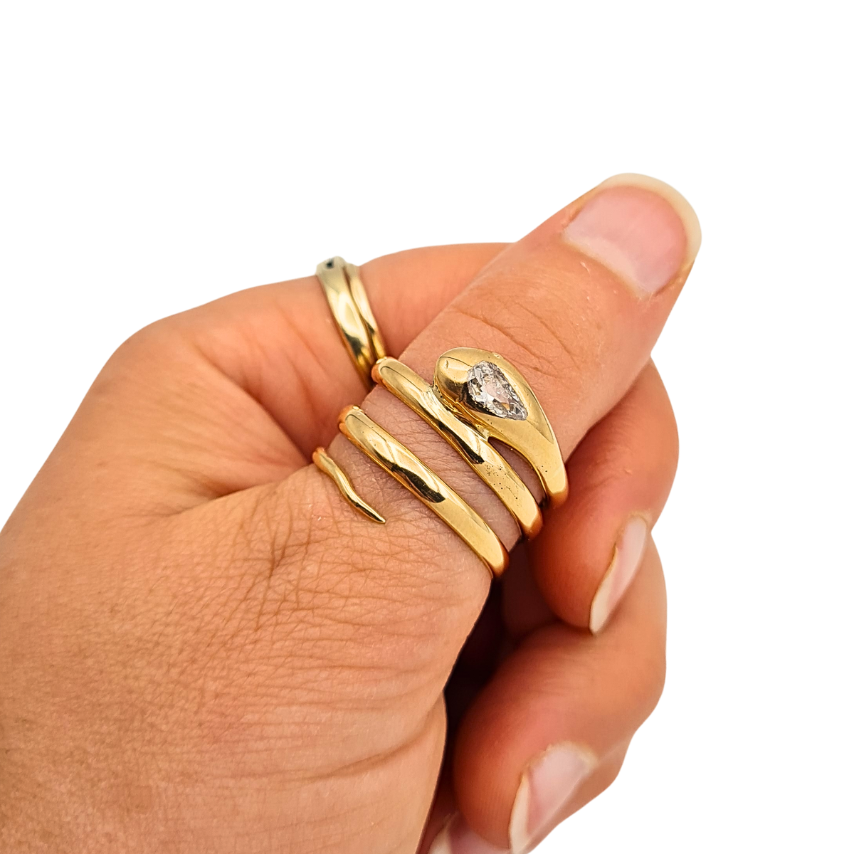 Antique 18ct Gold Old Cut Pear Diamond Snake Coil Ring  UK Q 1/2 Birmingham 1920