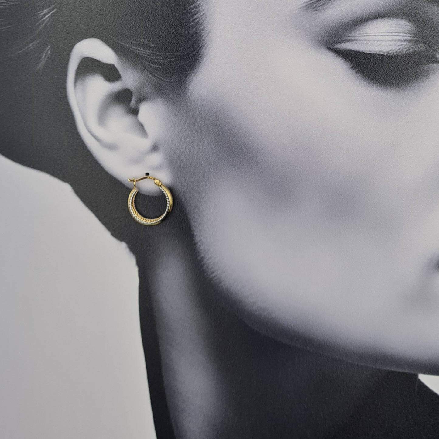 Small 9ct Gold Fancy Hoop Earrings White Gold Scroll Detail 16mm Hoops