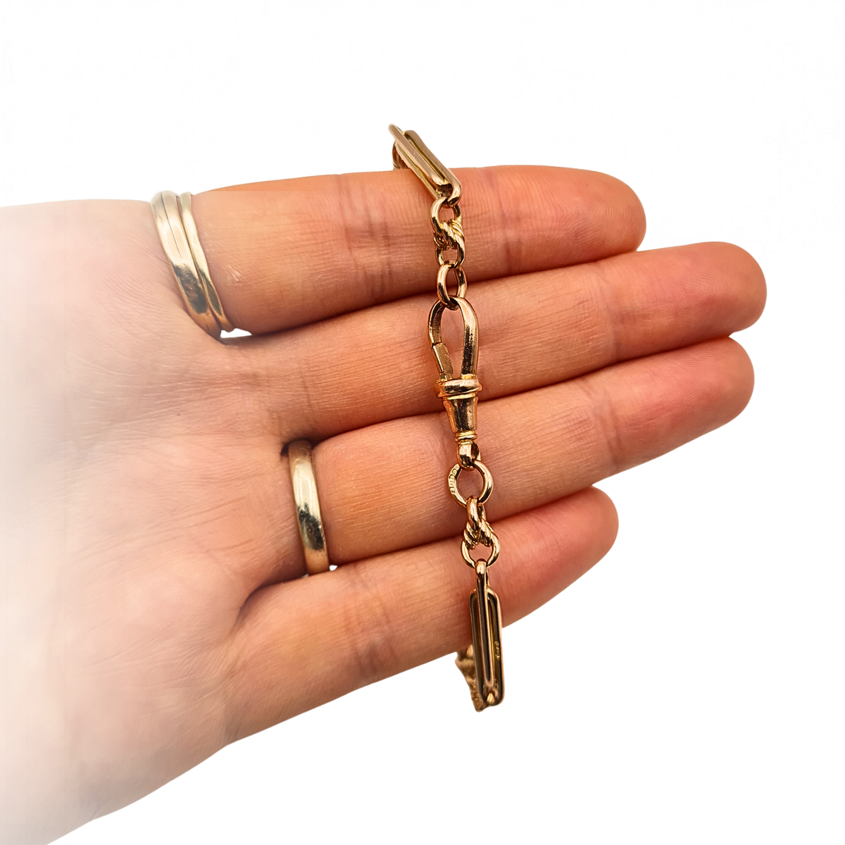 8" Long Rose Gold Albert Bracelet With Trombone Rope Links & Dog Clip .