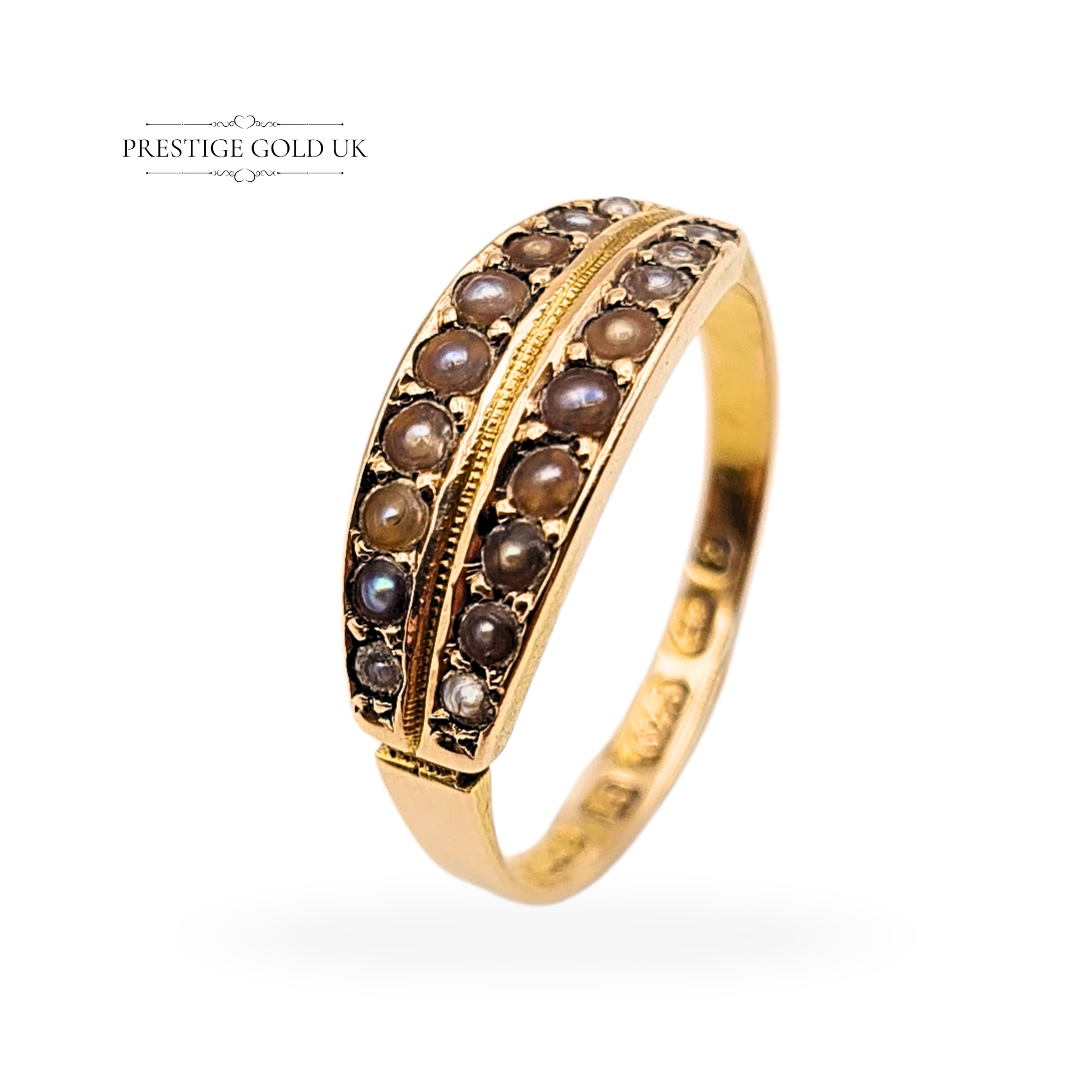 Antique Victorian 15ct gold twin-row seed pearl ring by Oetzmann & Co London, fully hallmarked Birmingham 1880, size UK M / US 6 1/2, featuring milgrain-edged detailing and soft natural pearls in excellent antique condition.
